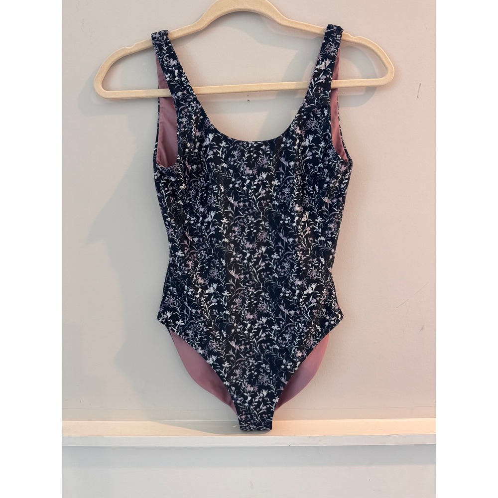 Faherty Floral One Piece Swimsuit Womens XS Navy Lavender Low Scoop Back USA